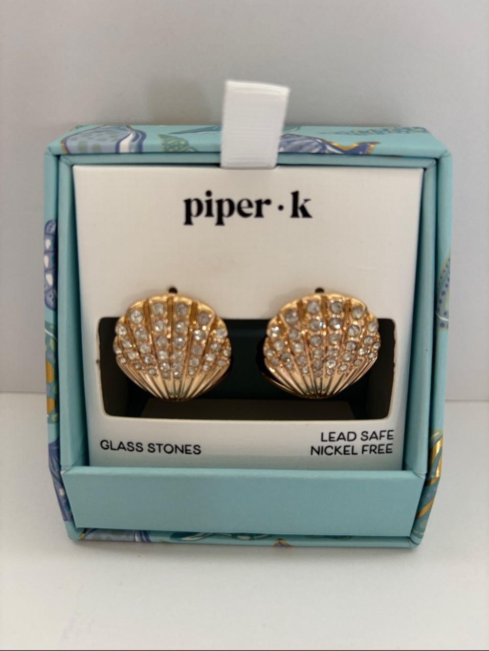 Piper-K Gold Shell Crystal Stud Earrings